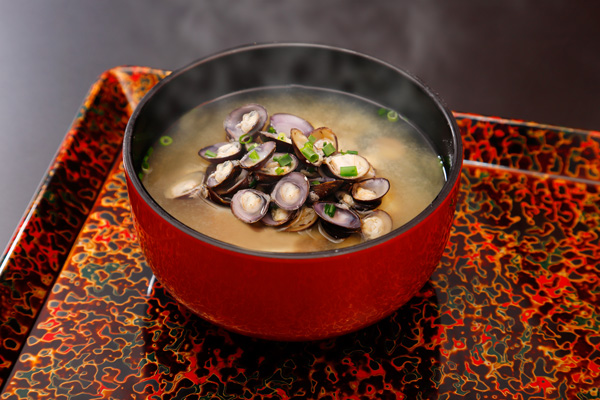 Miso soup with Japanese basket clams produced in Lake Jusan